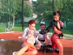 Nasty lesbian three-way fun outside