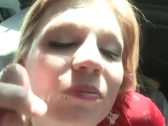 Blonde fucking shaft in the sex bus gets face cummed