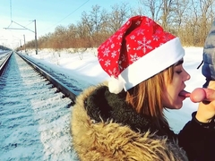 Winter outdoor amateur blowjob on the railway