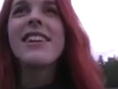 Redhead girl bangs in public restroom